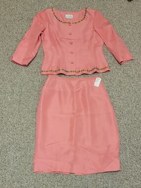 David Warren Silk Coral Pink Skirt Suit - Women's Two-Piece Sz 6 New Wedding